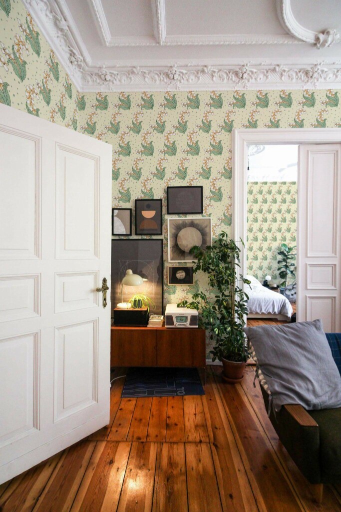 Mid-century modern luxury style living room and bedroom decorated with Lily of the valley peel and stick wallpaper