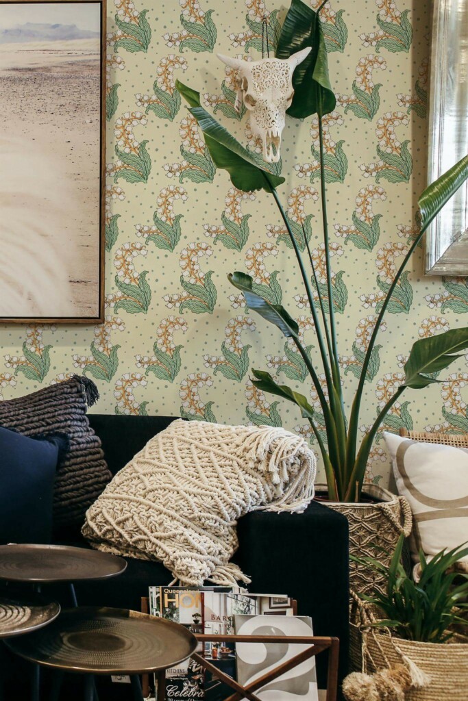 Scandinavian style living room decorated with Lily of the valley peel and stick wallpaper