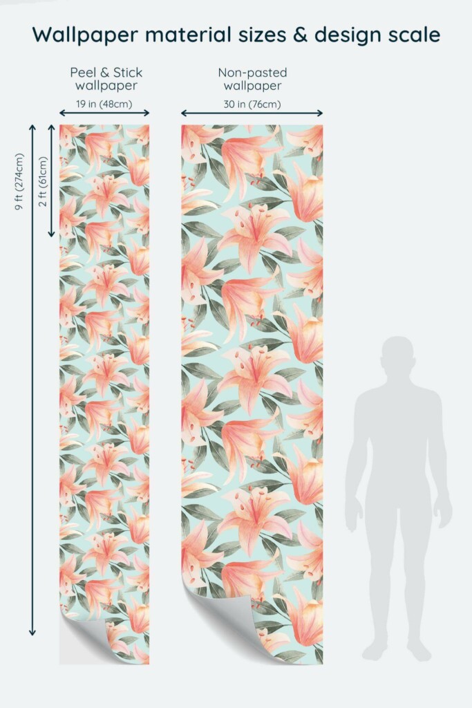 Size comparison of Lily Peel & Stick and Non-pasted wallpapers with design scale relative to human figure