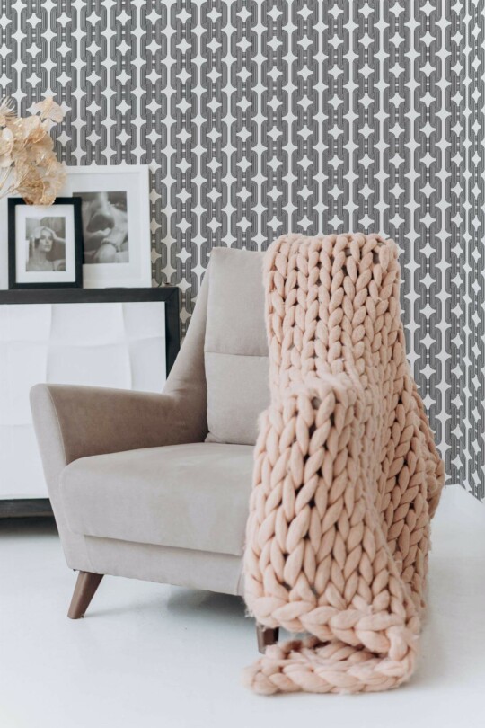 Boho style living room decorated with Line art chain peel and stick wallpaper