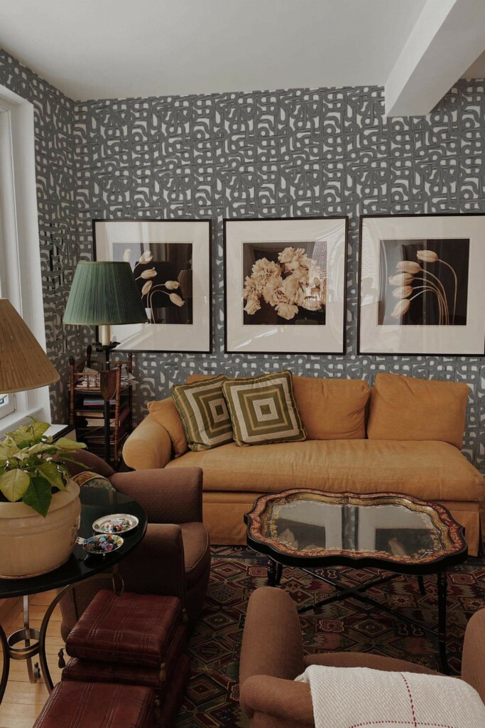 Mid-century eclectic style living room decorated with Line art pattern peel and stick wallpaper
