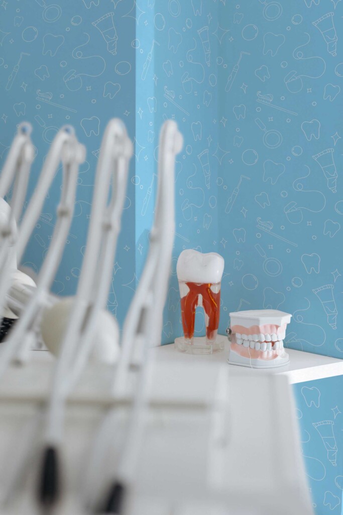 Blue self-adhesive wallpaper with dentist cabinet drawings by Fancy Walls