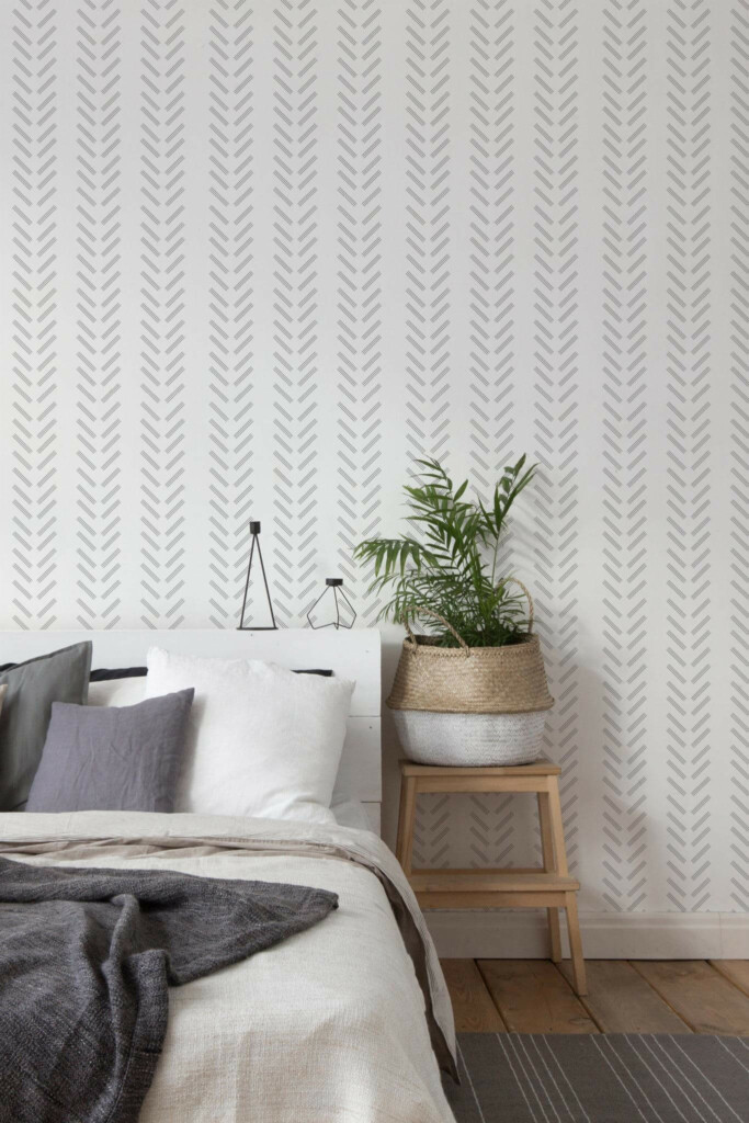 Scandinavian style bedroom decorated with Line herringbone peel and stick wallpaper