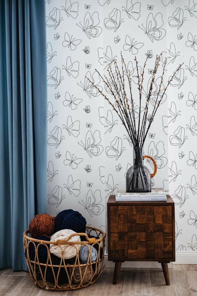 Coastal style living room decorated with Lined butterfly peel and stick wallpaper