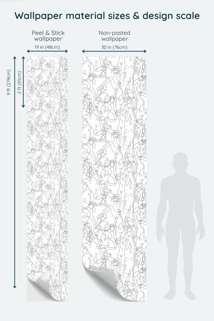 Size comparison of Lined lady body Peel & Stick and Non-pasted wallpapers with design scale relative to human figure