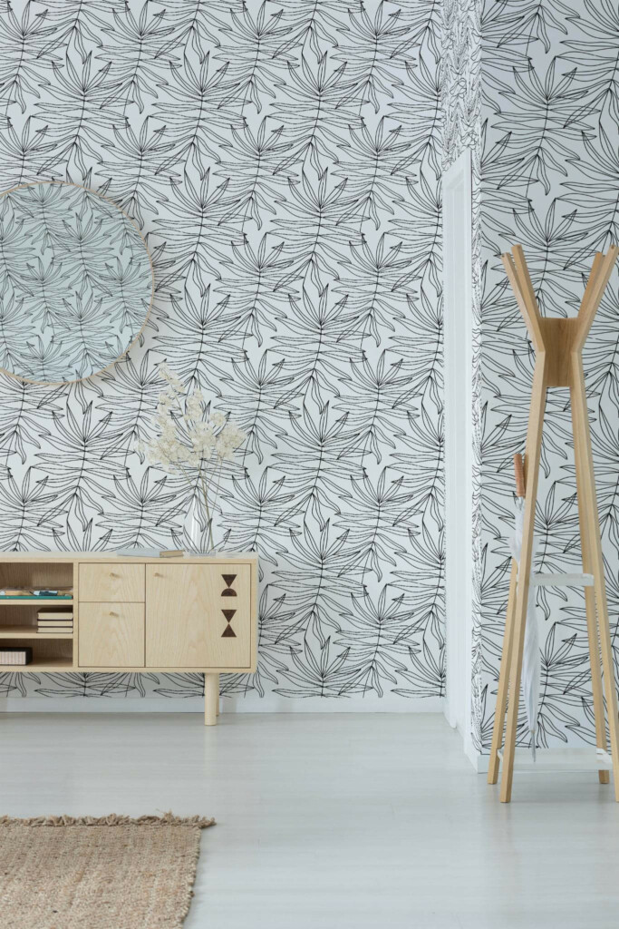 Minimal style entryway decorated with Lined palm leaves peel and stick wallpaper