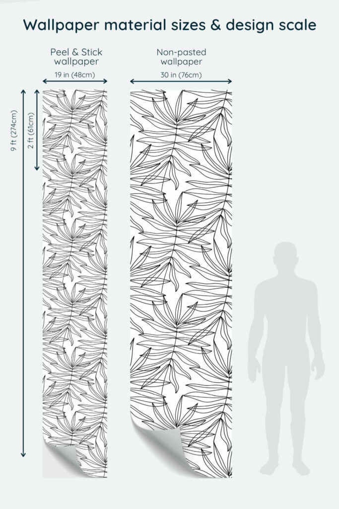 Size comparison of Lined palm leaves Peel & Stick and Non-pasted wallpapers with design scale relative to human figure