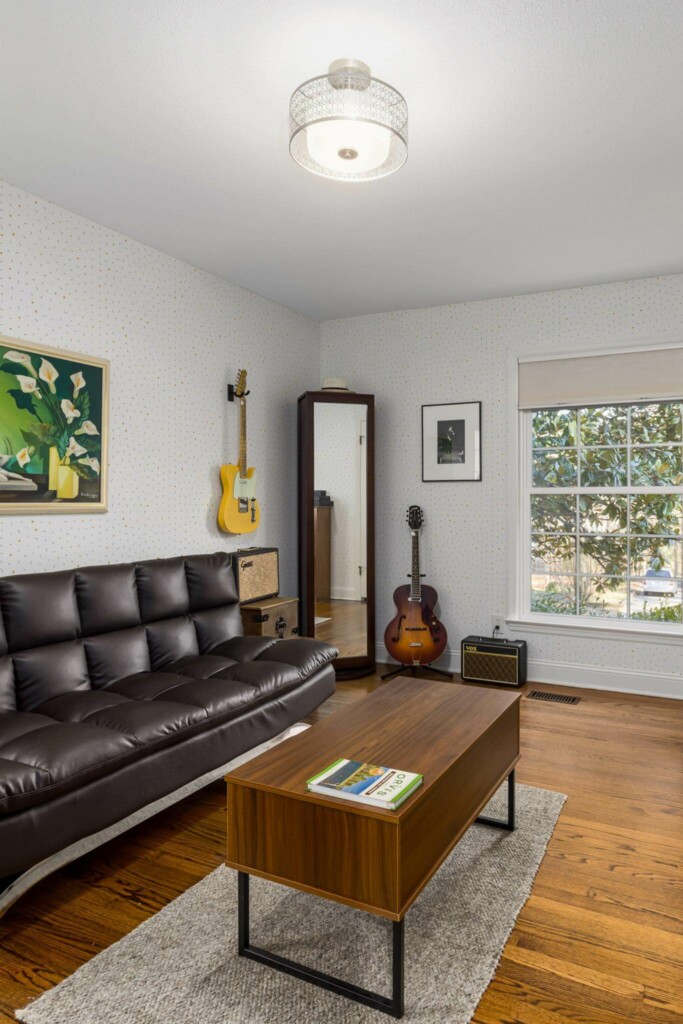 Mid-century style living room decorated with Lines and dots peel and stick wallpaper and music instruments