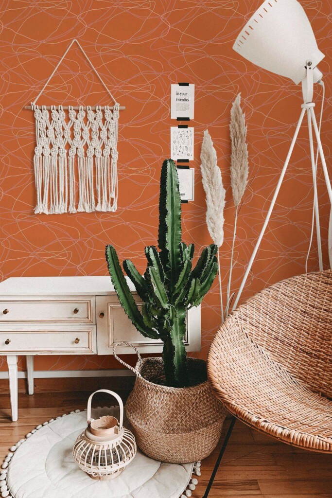 Bohemian style living room decorated with Lines in the sand peel and stick wallpaper