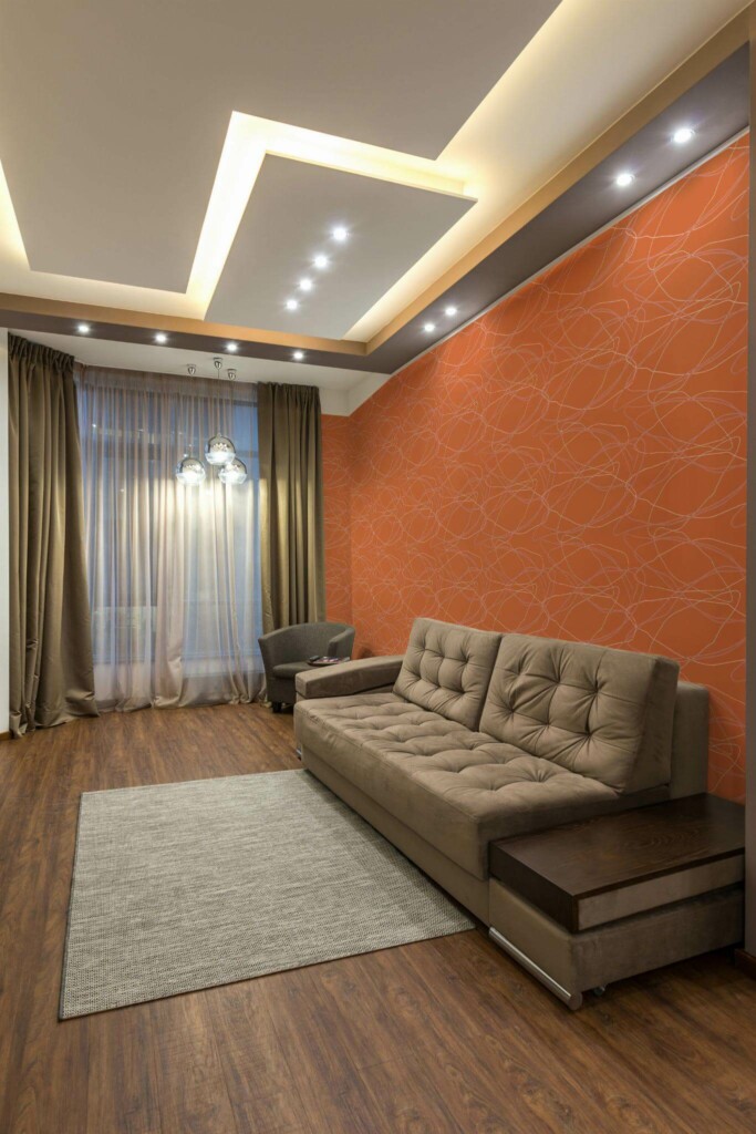 Modern Eastern European style living room decorated with Lines in the sand peel and stick wallpaper