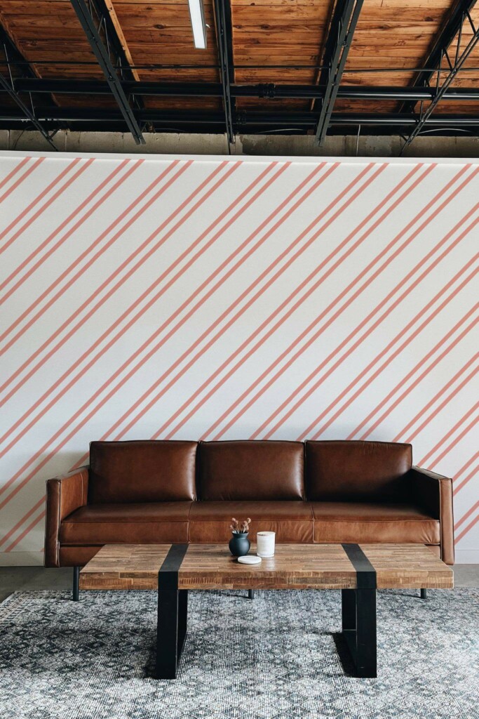 Industrial rustic style living room decorated with Lines peel and stick wallpaper