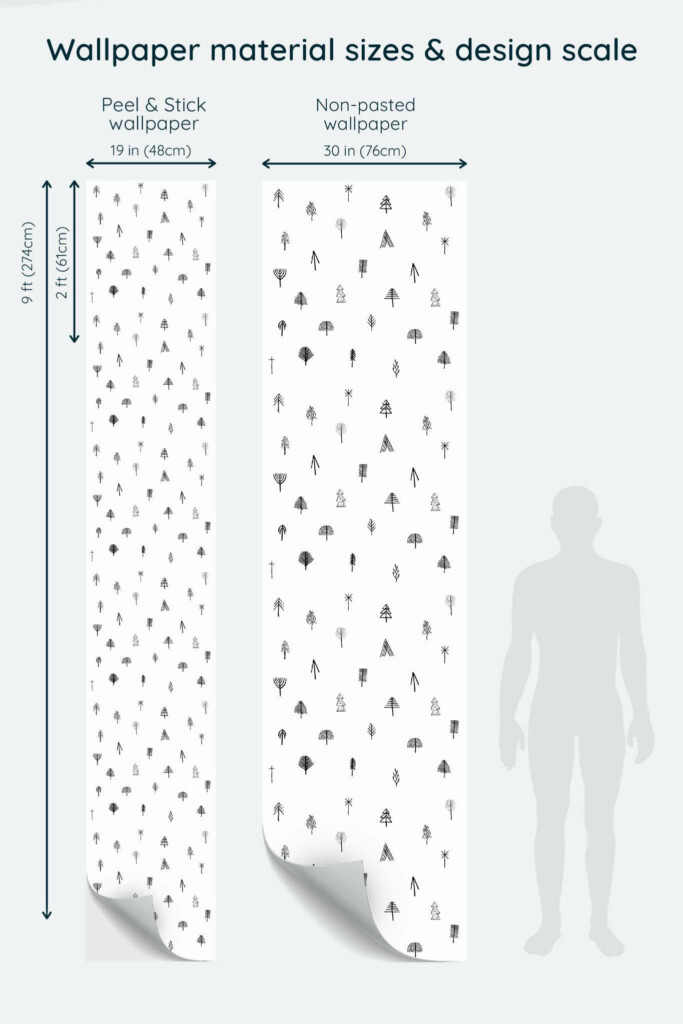 Size comparison of Little trees Peel & Stick and Non-pasted wallpapers with design scale relative to human figure