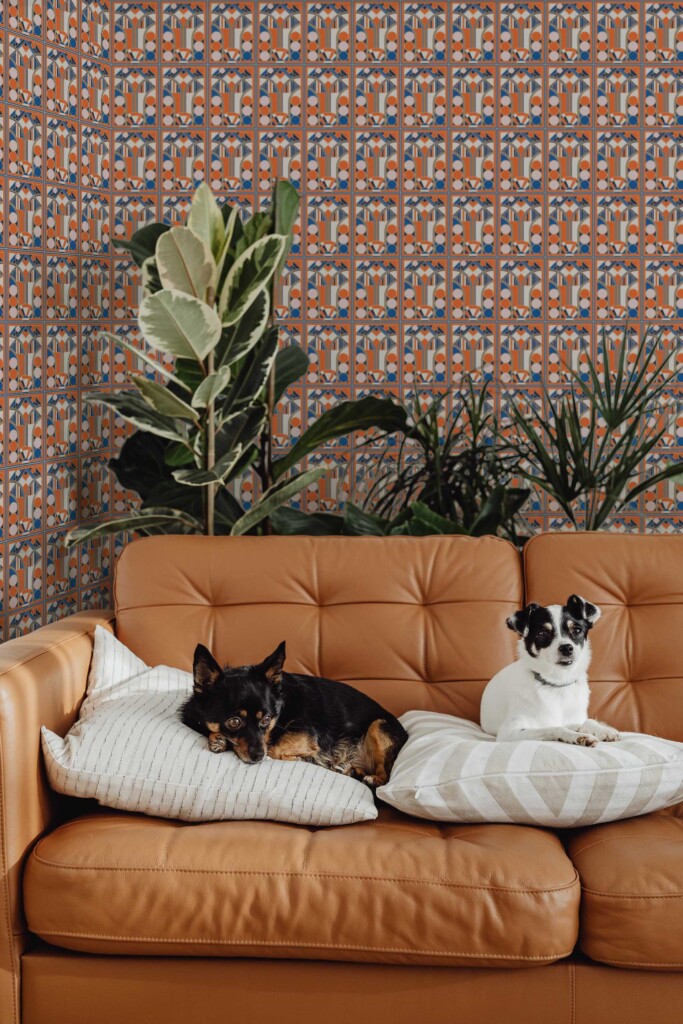 Fancy Walls Art Deco-inspired removable wallpaper in blue and orange.