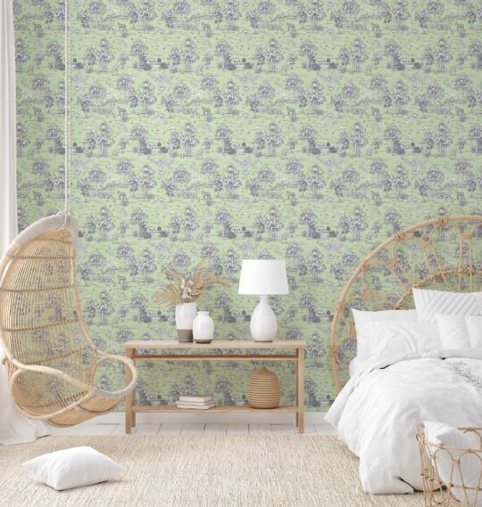 toile green traditional wallpaper