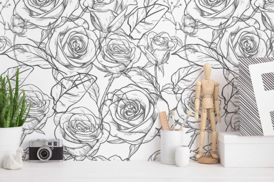 black and white roses non-pasted wallpaper