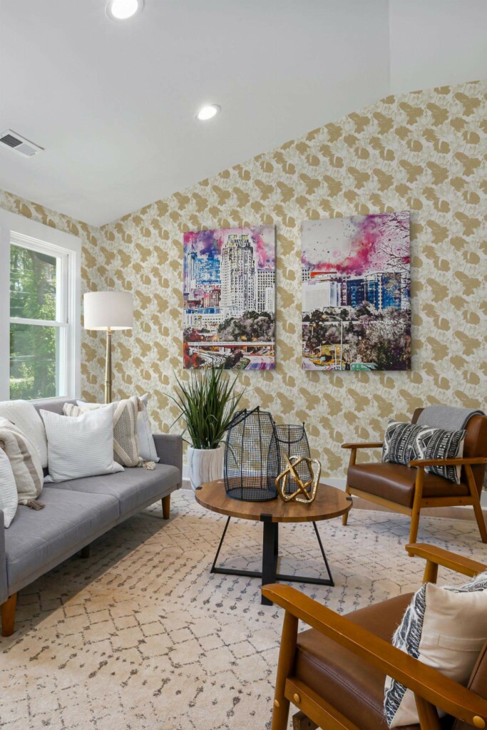 Mid-century modern style living room decorated with Lotus flower peel and stick wallpaper and colorful funky artwork