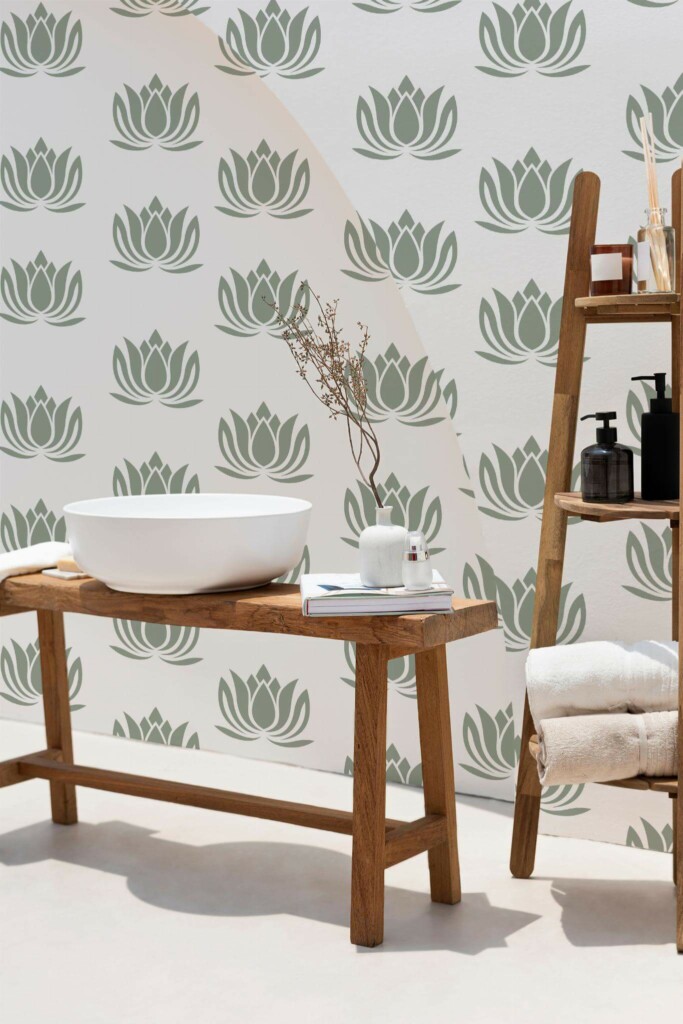 MInimal modern farmhouse style spa room decorated with Lotus peel and stick wallpaper