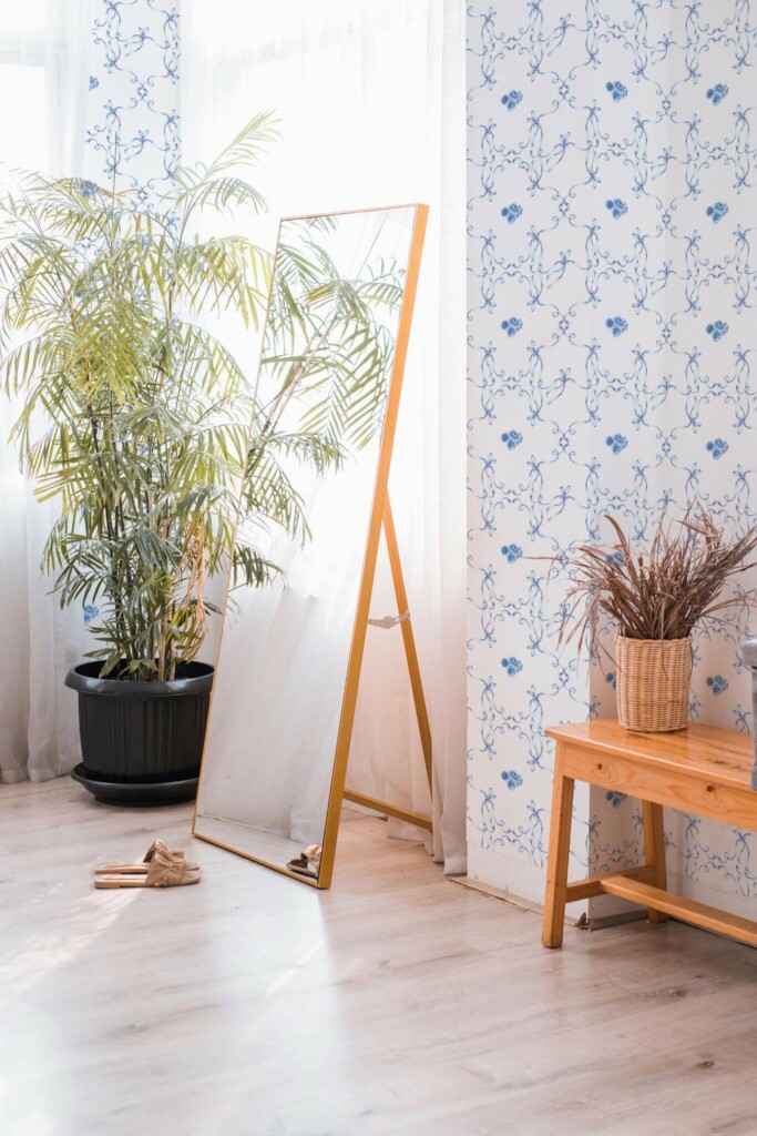 Boho style powder corner decorated with Love shack garden party peel and stick wallpaper