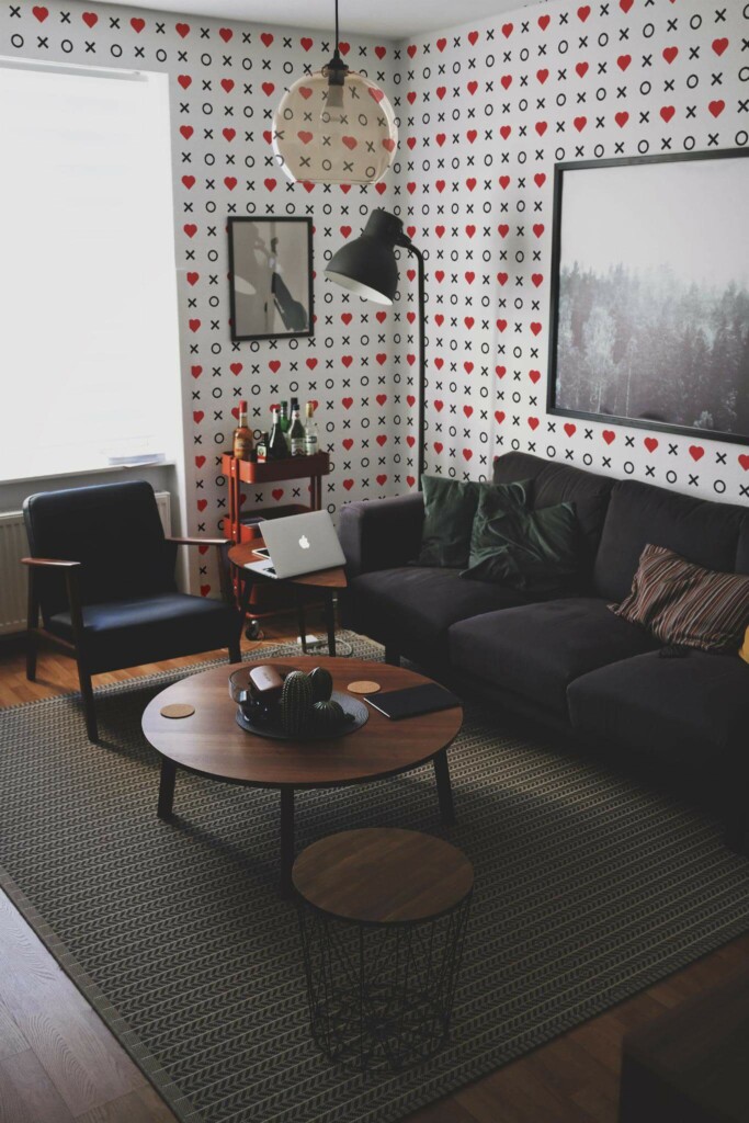 Modern dark industrial style living room decorated with Lovecore peel and stick wallpaper