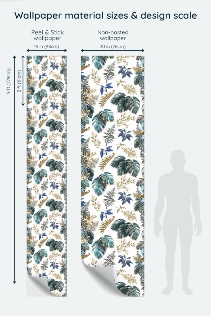 Size comparison of Lush tropical leaf Peel & Stick and Non-pasted wallpapers with design scale relative to human figure