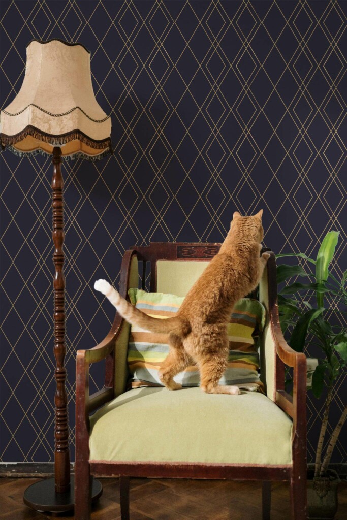 Victorian style living room with a cat decorated with Luxury geometric peel and stick wallpaper