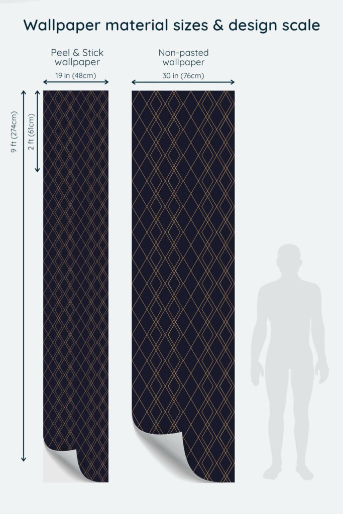 Size comparison of Luxury geometric Peel & Stick and Non-pasted wallpapers with design scale relative to human figure