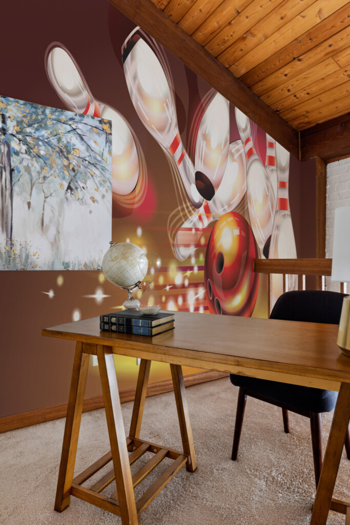 Peel and stick wall murals featuring a red bowling ball striking glowing pins in a motion-filled sports theme by Fancy Walls