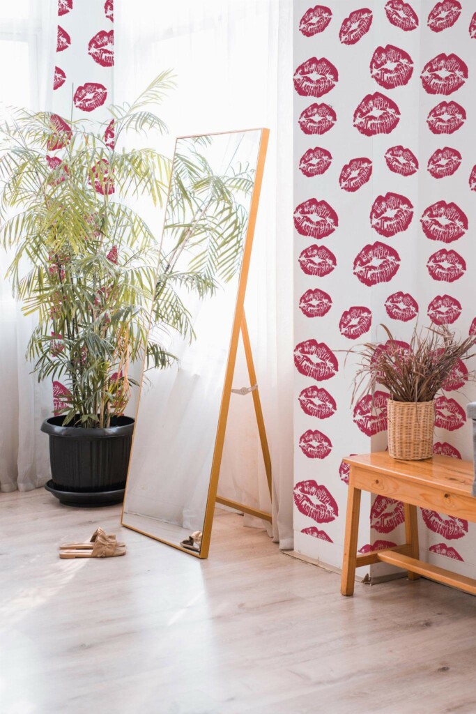 Boho style powder corner decorated with Magenta girly lips peel and stick wallpaper