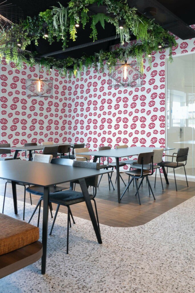 Modern style cafe decorated with Magenta girly lips peel and stick wallpaper