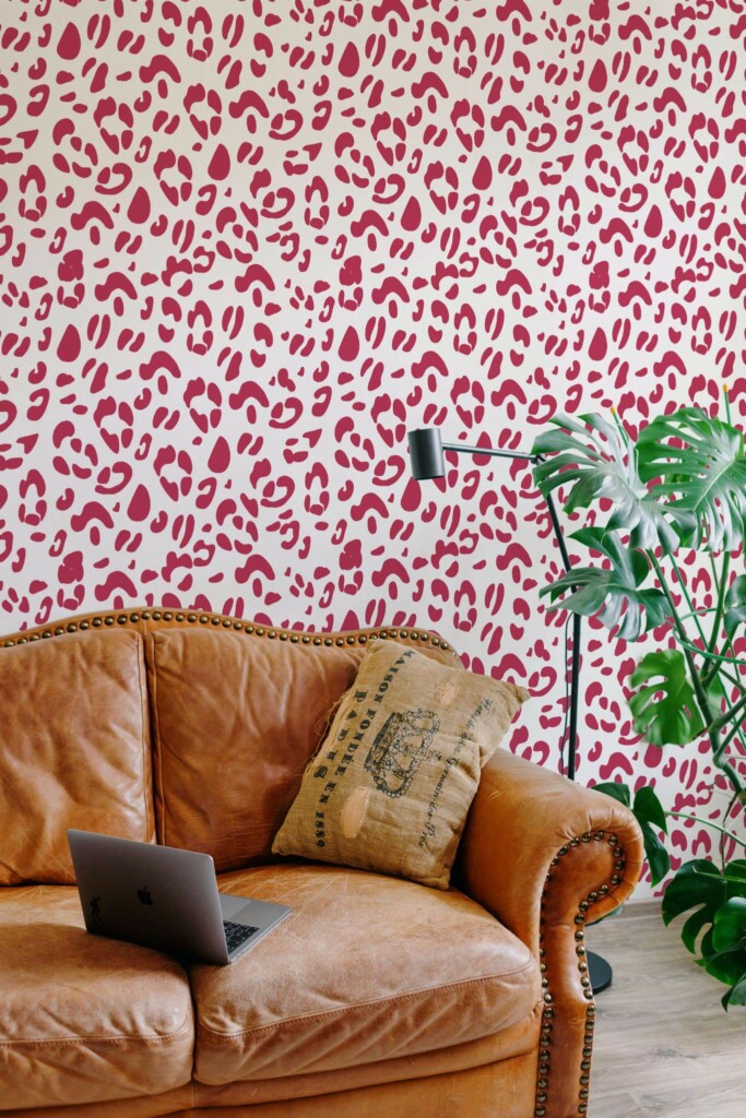Mid-century modern style living room decorated with Magenta leopard print peel and stick wallpaper