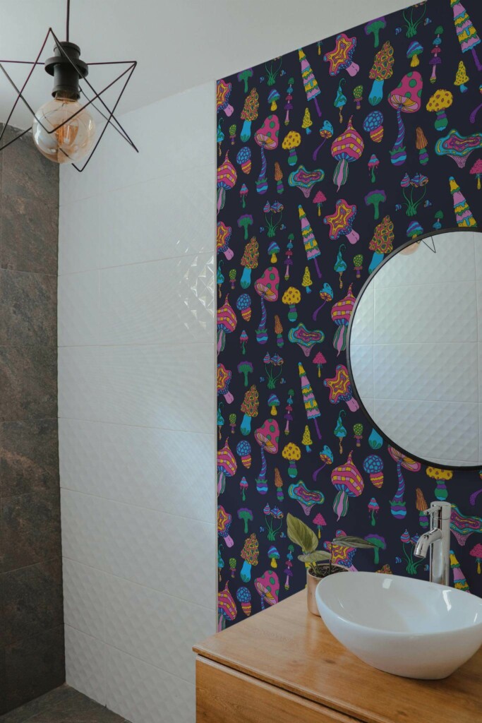Modern style bathroom decorated with Magic mushrooms peel and stick wallpaper