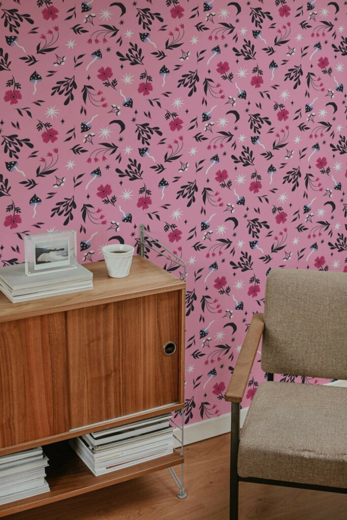 Mid-century style living room decorated with Magical forest peel and stick wallpaper