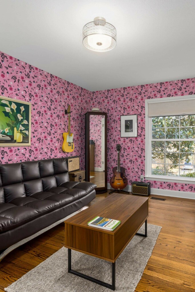 Mid-century style living room decorated with Magical forest peel and stick wallpaper and music instruments