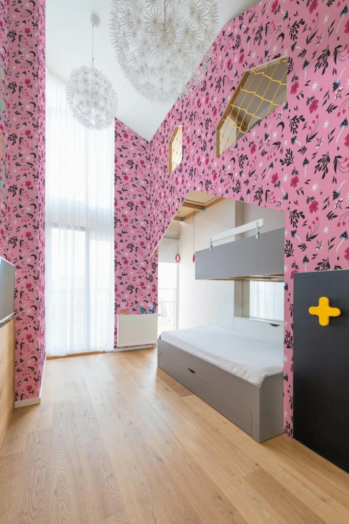 Modern style kids room decorated with Magical forest peel and stick wallpaper