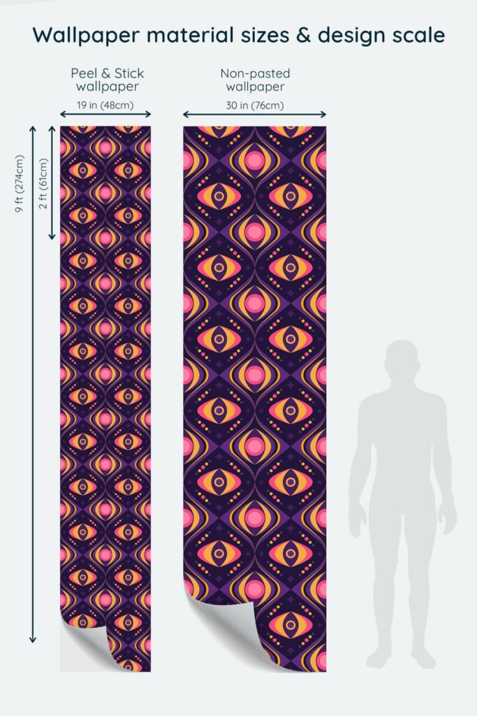 Size comparison of Magical retro Peel & Stick and Non-pasted wallpapers with design scale relative to human figure