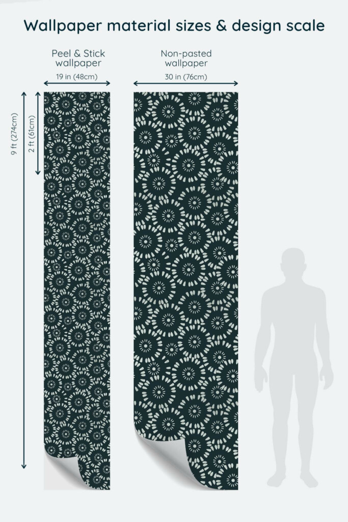 Size comparison of Mandala floral ornament Peel & Stick and Non-pasted wallpapers with design scale relative to human figure