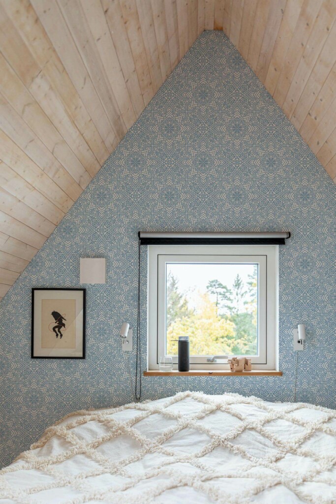 Light farmhouse style bedroom decorated with Mandala flower peel and stick wallpaper