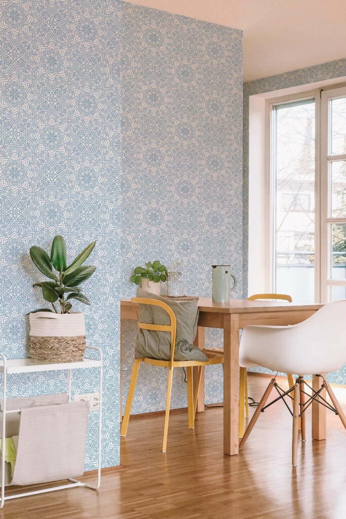 Minimal scandinavian style dining room decorated with Mandala flower peel and stick wallpaper