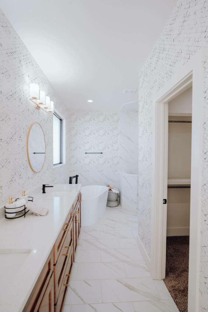 Light farmhouse style bathroom decorated with Marble morocco peel and stick wallpaper