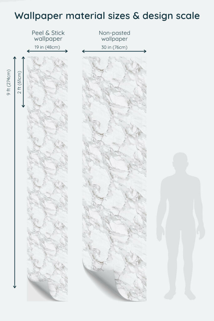 Size comparison of Marble Peel & Stick and Non-pasted wallpapers with design scale relative to human figure