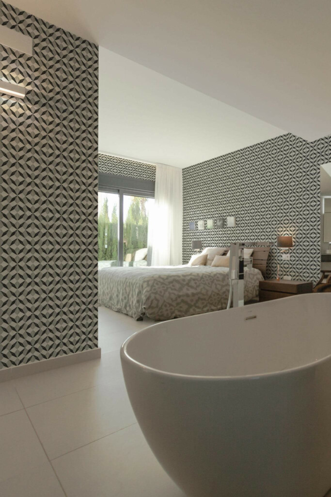 Modern style bedroom with open bathroom decorated with Marbled geometric tile peel and stick wallpaper