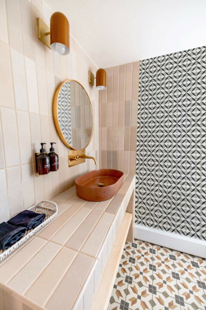 Rustic style bathroom decorated with Marbled geometric tile peel and stick wallpaper