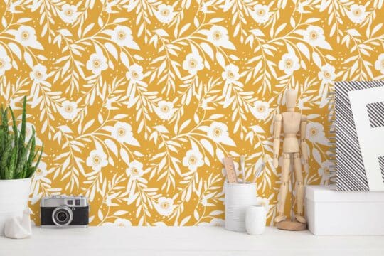 Yellow retro floral peel and stick removable wallpaper