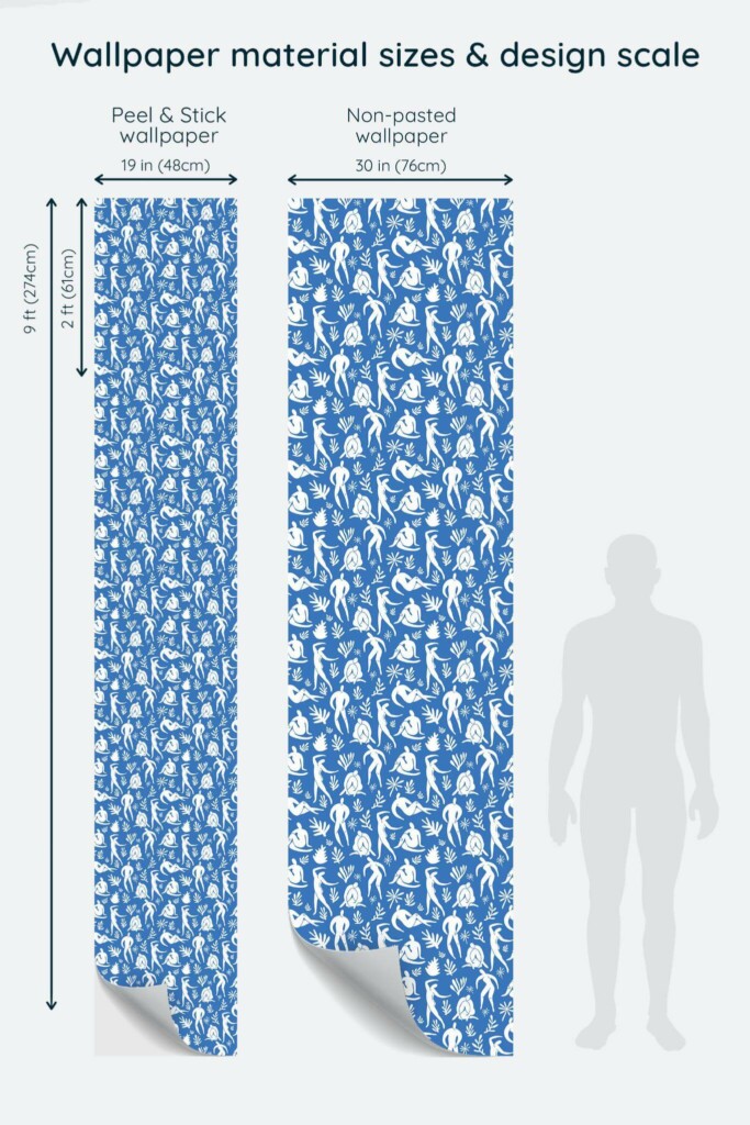 Size comparison of Matisse human body Peel & Stick and Non-pasted wallpapers with design scale relative to human figure