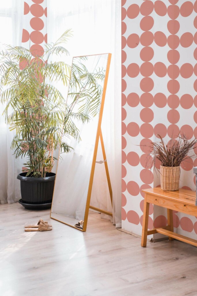 Boho style powder corner decorated with Mauve circle grid peel and stick wallpaper
