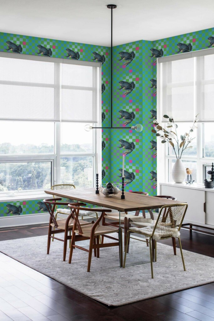 Modern minimalist style dining room decorated with Maximalist frog peel and stick wallpaper