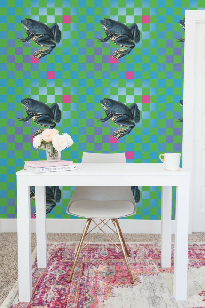 Shabby chic style home office decorated with Maximalist frog peel and stick wallpaper