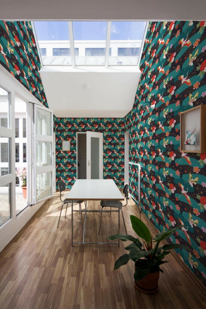 Minimal style dining room next to a balcony decorated with Maximalist peel and stick wallpaper
