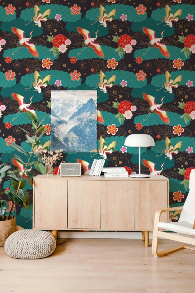 Scandinavian style living room decorated with Maximalist peel and stick wallpaper