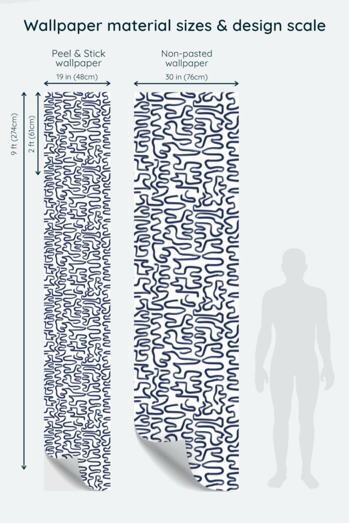 Size comparison of Maze brush stroke Peel & Stick and Non-pasted wallpapers with design scale relative to human figure